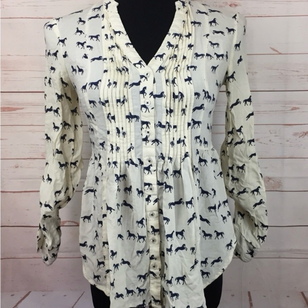 Maeve Cream and Navy Horse Pattern Long Sleeve Button- Up Blouse - Size 14